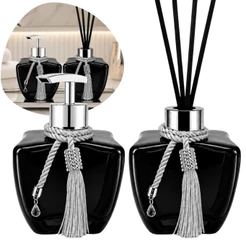 Kit Banheiro Vidros Estrela Preto Brilhante Difusor Saboneteira Luxo