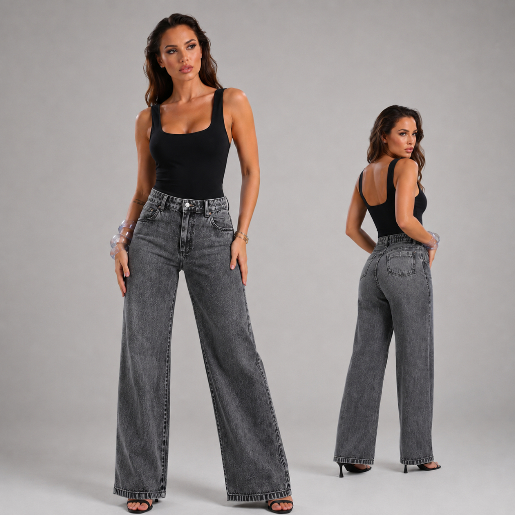 Calça Jeans Feminina Wide Leg Marmorizada Preta Marmorizada Cintura Alta 100% Algodão levanta bumbum