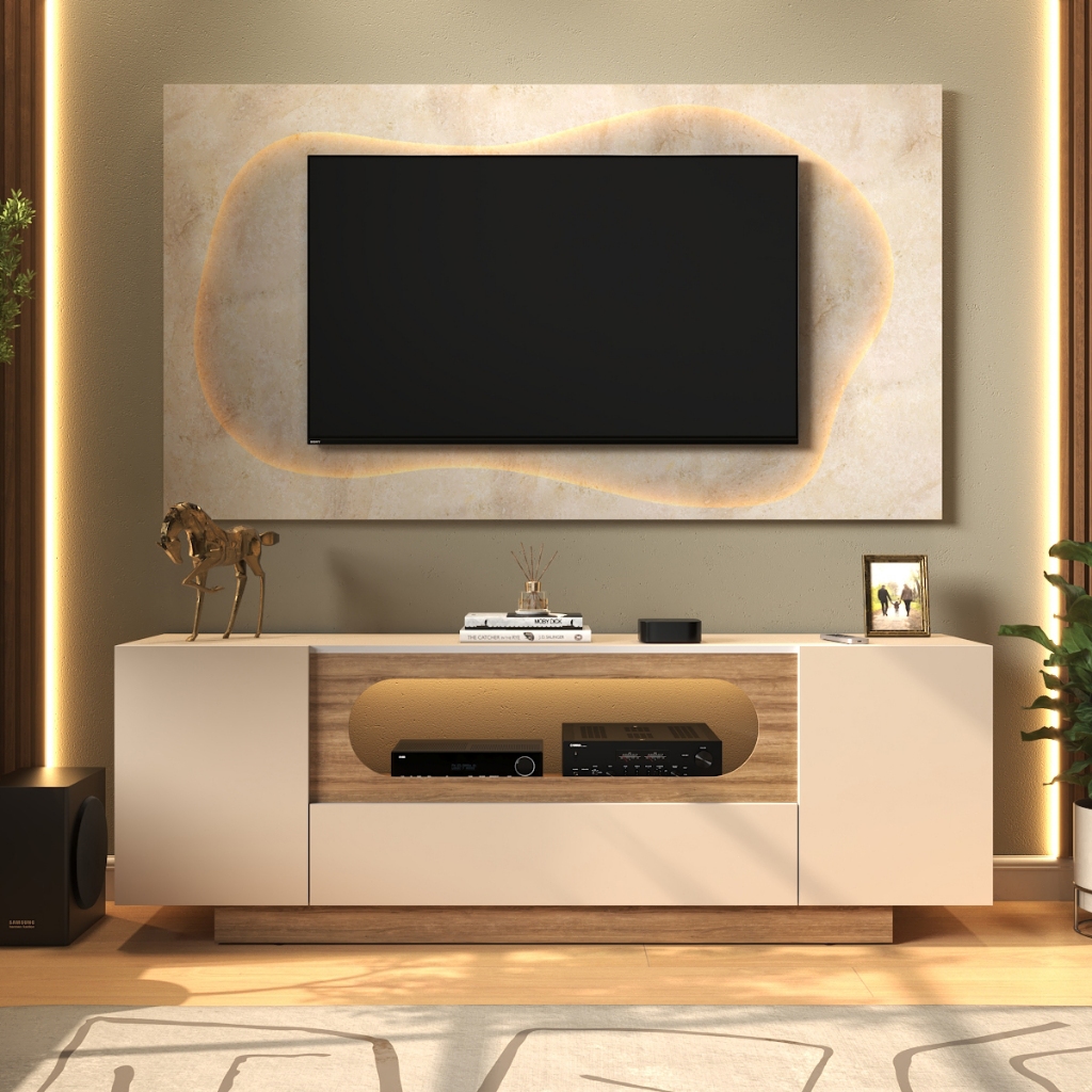 Rack Para TV + Painel 136cm Simula Led Rack Com Nicho Oval Porta Sala Home Theater Estante Moderna Organizador Multiuso