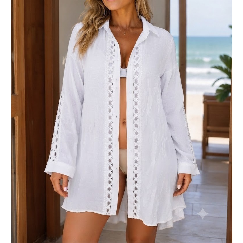 Saida Praia Chemise Camisao Algodao Fresca Feminina Respiravel Elegante Confortavel Chique Boho Botao Moda Verão 2805.1