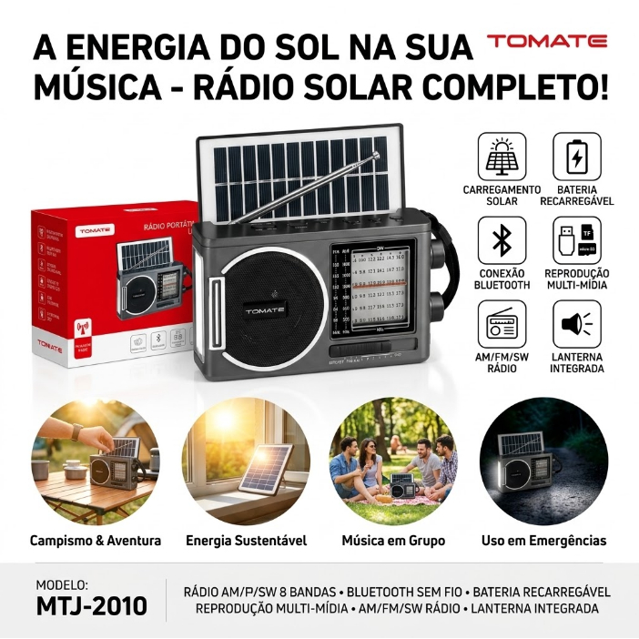 Rádio Portátil MTJ-2010 Solar Bluetooth AM FM SW Recarregável USB TF para Camping Pesca Viagem Sítio