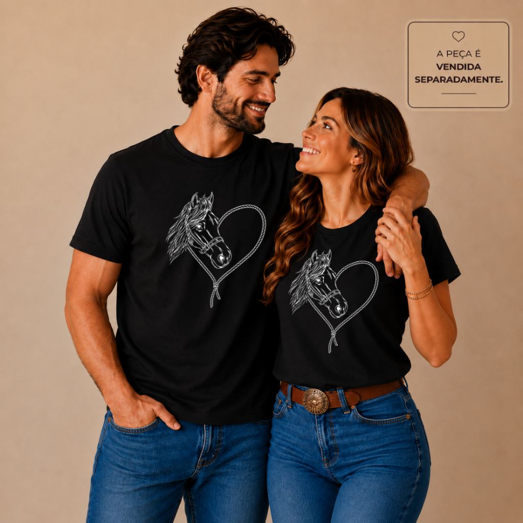 Camiseta De Algodão Cavalo Coração 1 PEÇA Country Pecuaria Agro Camisa Estampada Casal
