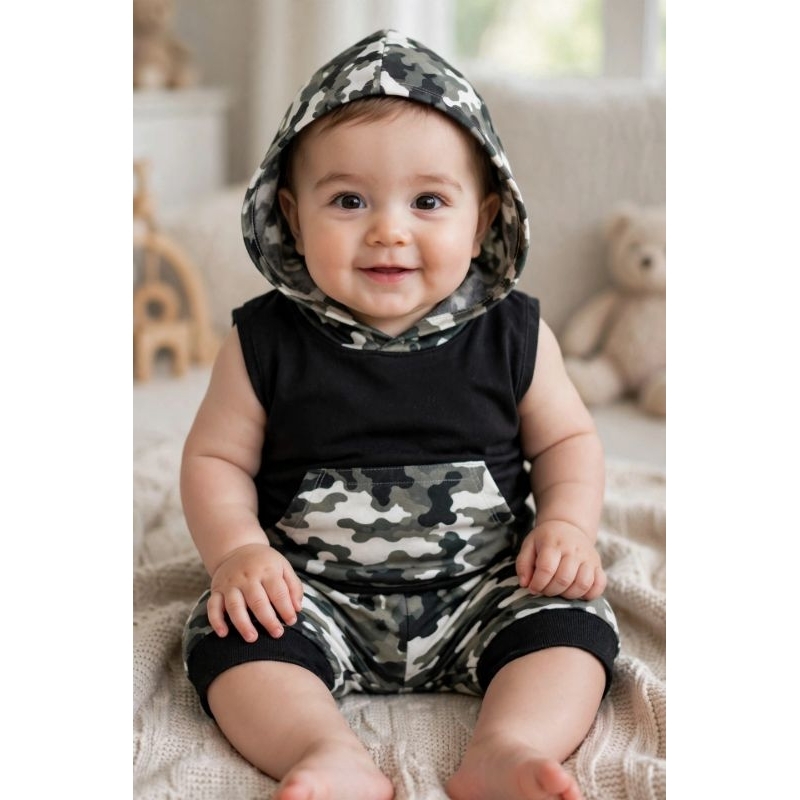 Conjunto Infantil Bebês Meninos Shorts Colete Capuz