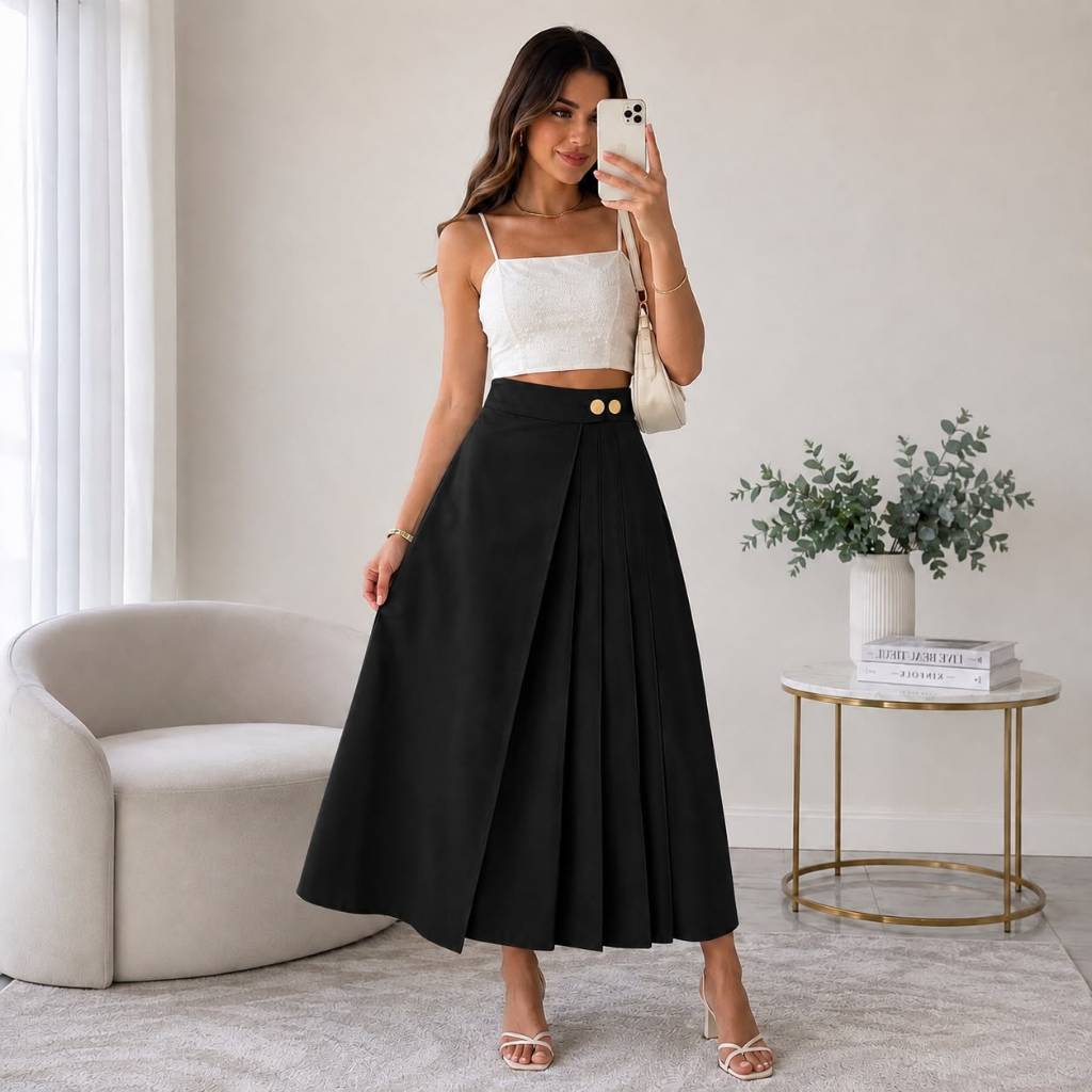 Saia Midi Feminina Transpassada Cintura Alta com Pregas Elegante Casual