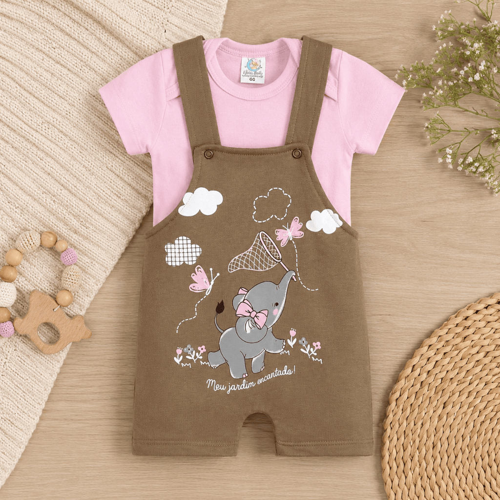 Conjunto Bebê Feminino Body E Jardineira Roupa Menina Verão Estampado Em Algodão