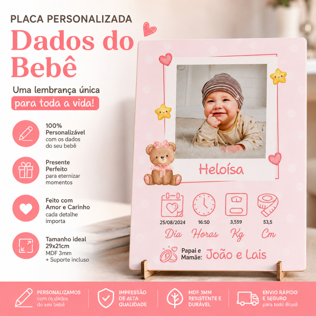 Quadro Dados do Bebê Personalizado 29x21 | Nascimento Maternidade MDF com Foto