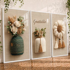 Quadros Decorativos Trio Moderno Sofisticado Floral Vaso Flor Verde Branco Gold Sala