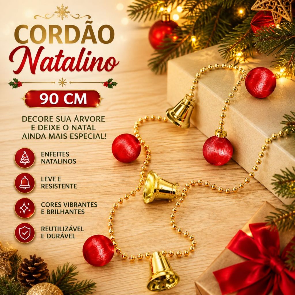 Cordões Decorativo Arvore de Natal Sino Decoração de Arvore Cordão Dourado Para Arvore de Natal 90cm