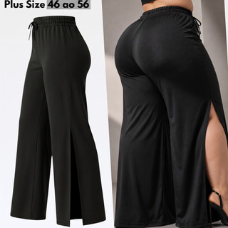 Calça Wide Leg Plus Size Feminina Com Fenda Cintura Alta