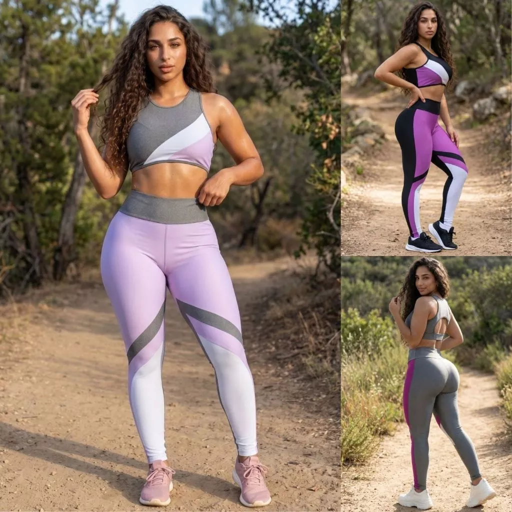 Conjunto Feminino Academia Recortes Coloridos Top Cropped Sem Bojo Conforto Calça Legging Modeladora — imagem 1