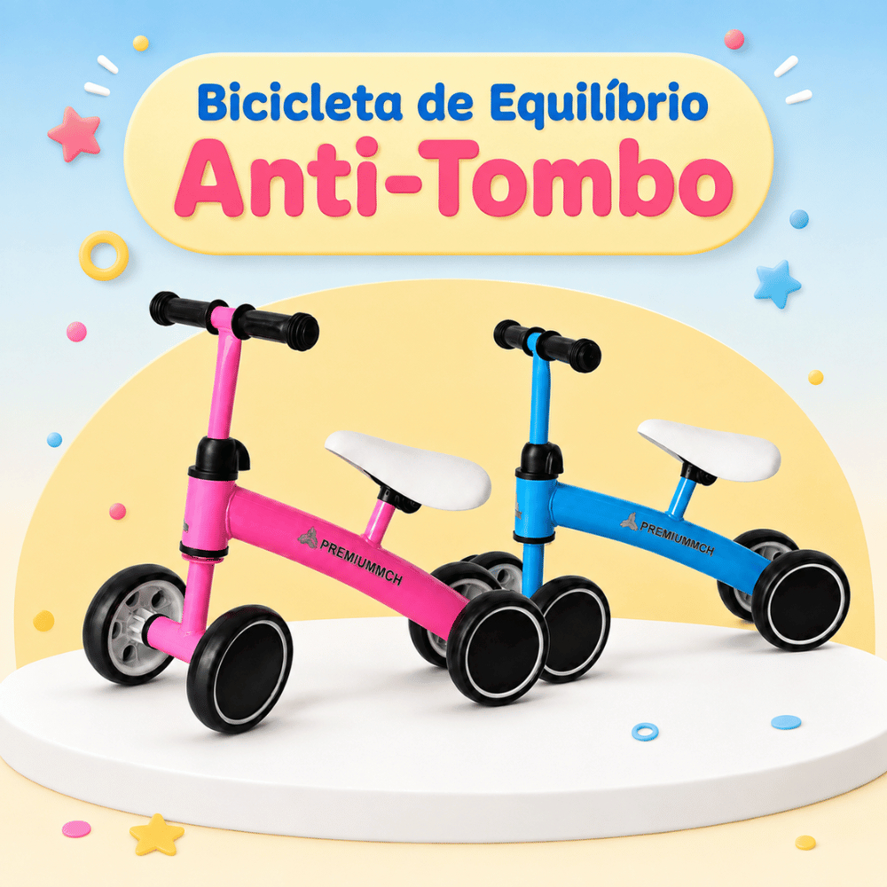 Bicicleta de Equilíbrio Baby Sem Pedal 4 Rodas Antitombo Leve Segura Guidão Ajustável Premium