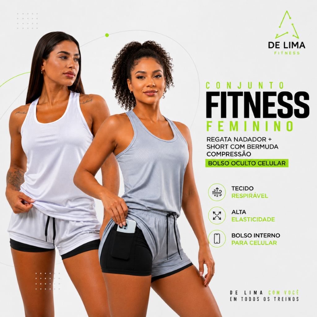 Conjunto Fitness Feminino Academia Regata Nadador+Short com Bermuda compressão Bolso Oculto Celular