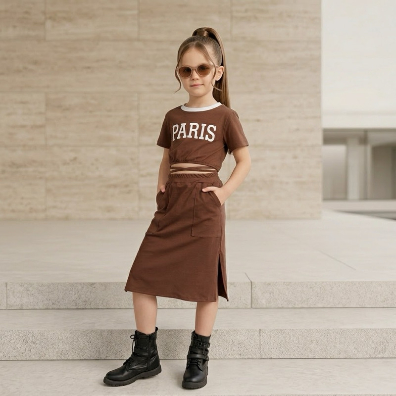 Conjunto Infantil Feminino Juvenil Saia Bolso Cropped Amarrar Meninas Manga Curta Malha Algodão