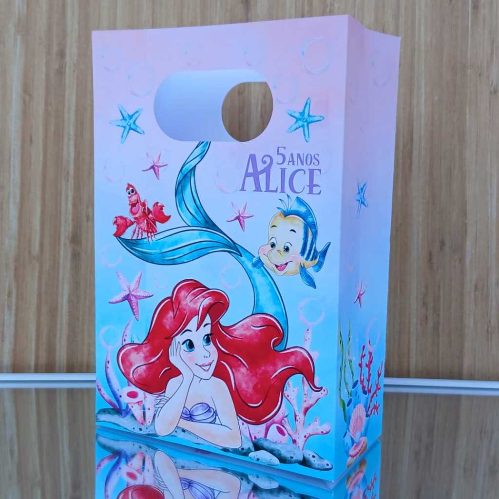 Sacolinha Personalizada Ariel Pequena Sereia Aquarela  para Doces Lembrancinhas Decoração Festa