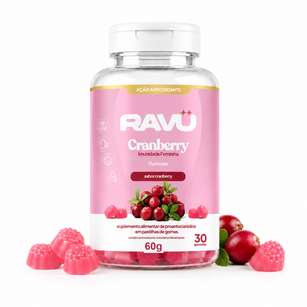 Cranberry Ravu em Gomas 30 Unidades | Suplemento Mastigável Antioxidante Sabor Cranberry 60g