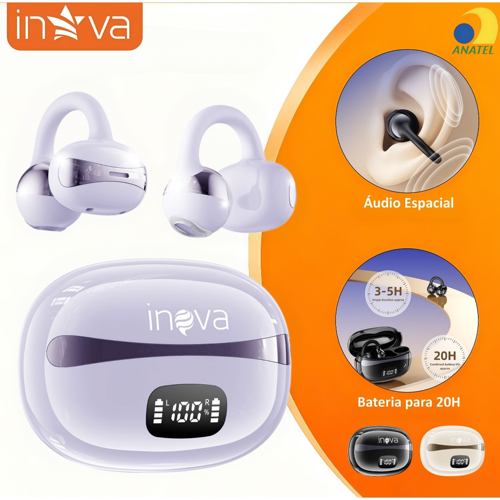 INOVA Fone Bluetooth Clip Ear Sem Fio TWS Esportivo Com Microfone Cancelamento D