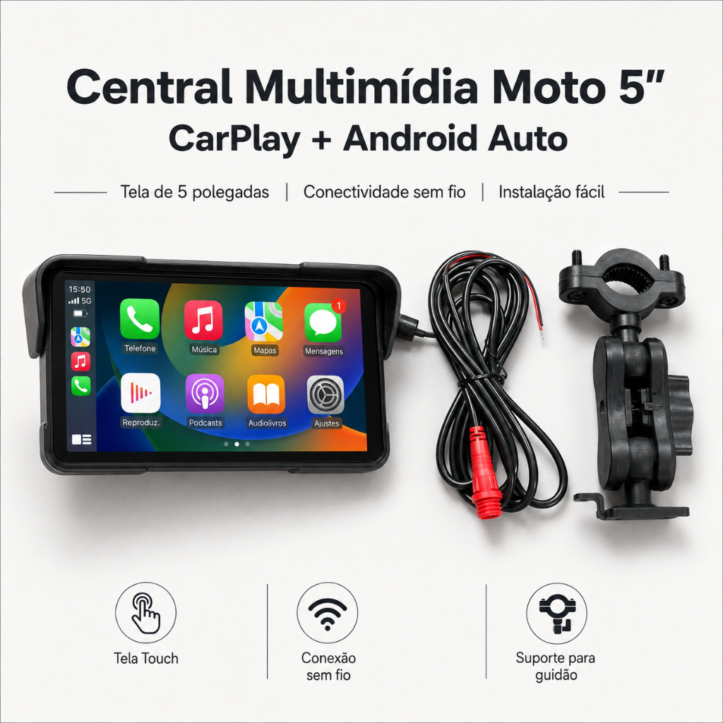 Central Multimídia Moto 5” Touch CarPlay Android Auto Bluetooth Navegação GPS microSD Suporte Guidão