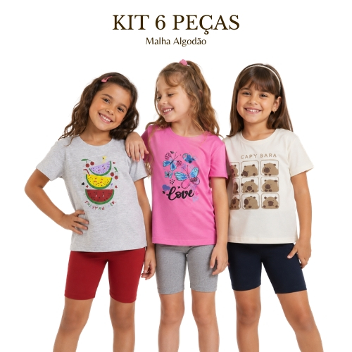 Kit 6 Peças 3 Conjuntos Infantil Menina Camiseta Estampada Bermuda Ciclista Algodão Verão