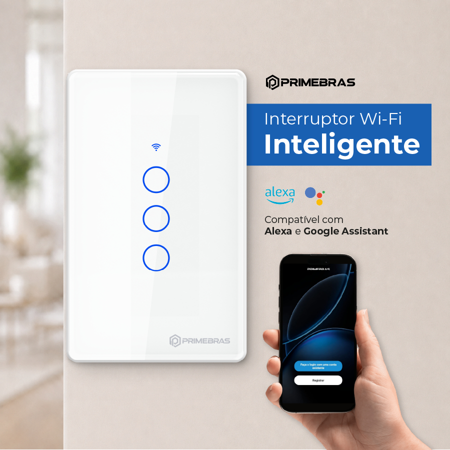 Interruptor Inteligente 3 Teclas Primebras TP1003 Wi-Fi Touch Vidro Automação App Comando de Google e Alexa Bivolt