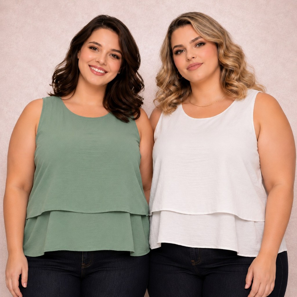 Kit 2 Blusinhas Regata Plus Size com Camadas Alça Grossa Em Alfaiataria Moda Confortável