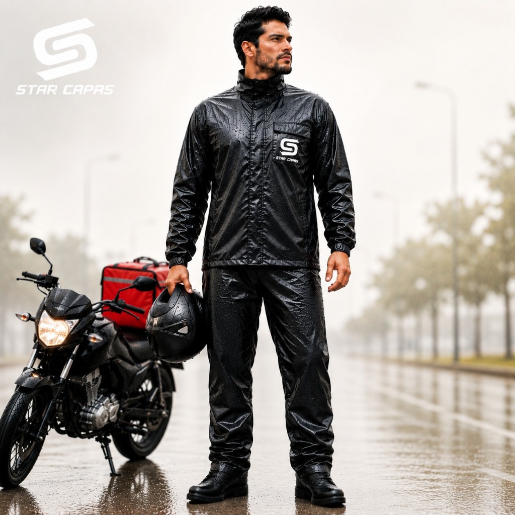 Conjunto Capa Chuva Moto Emborrachada Impermeável Com Gola Flex Motoboy Entregador Motoqueiro