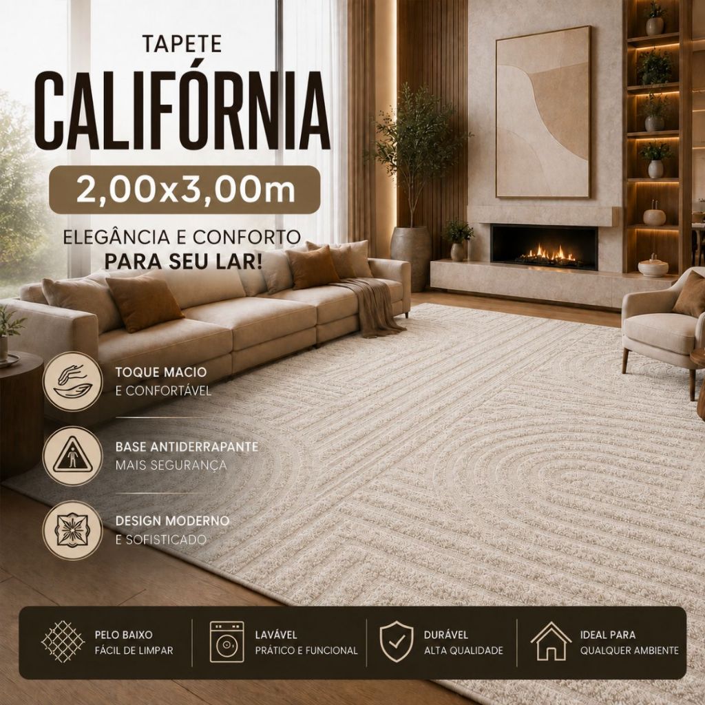 Tapete Grande Sala 2,00x3,00m Alto Relevo Moderno Macio Antiderrapante Quarto Decorativo California