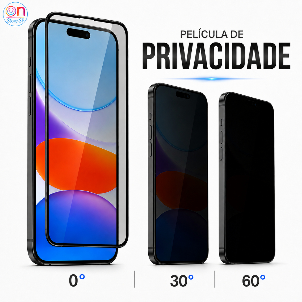 Película Privacidade Anti Spy Vidro 3D/9D iPhone 17 16 15 14 13 12 11 XR XS X Pro Max Plus