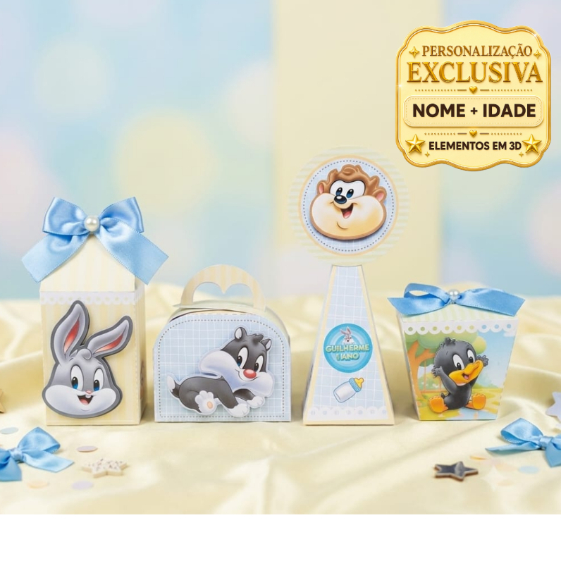 Kit caixas Baby Looneytunes personalizadas Luxo elementos 3D Festa Infantil Menina - Menino lembrancinha de festa