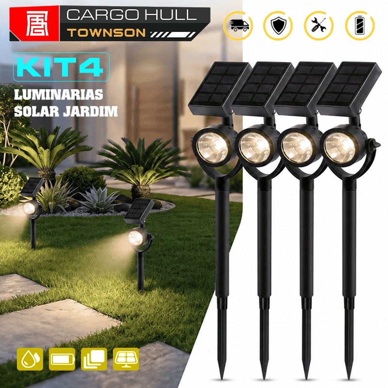 Kit 4 Luminária Espeto Jardim Solar LED Refletor luz Solar Balizador Chão Decoração Jardim Luz Branco Quente