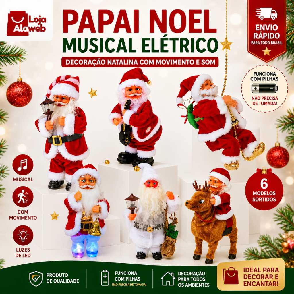 Papai Noel Musical Eletrico Sobe E Desce Corda Dançarino Patinador Enfeite Natal Decoração Natalina Movimento