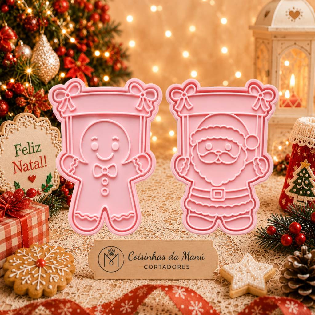 Cortador Biscoito Dupla Natal Papai Noel Ginger Placa para Decorar Bolacha Carimbo Pasta Americana Biscuit 10cm