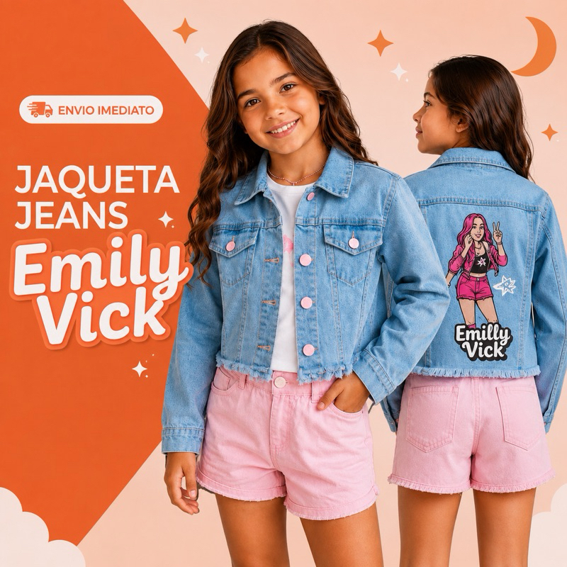 Jaqueta Jeans Infantil Emilly Vick Feminina Azul com Botões Rosa