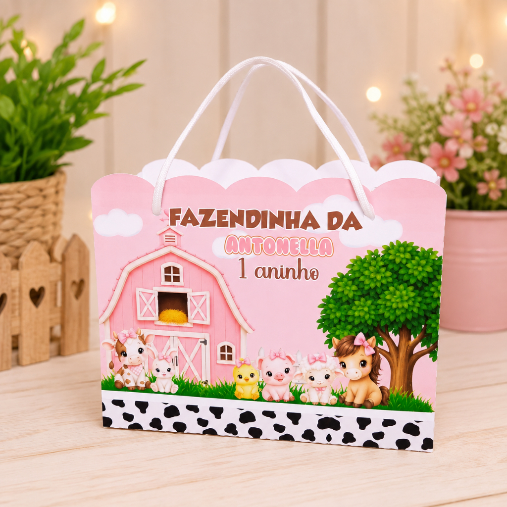 Sacolinha Personalizada para Festa Infantil | Lembrancinha com Nome | Vários Temas Disponíveis FAZENDINHA ROSA