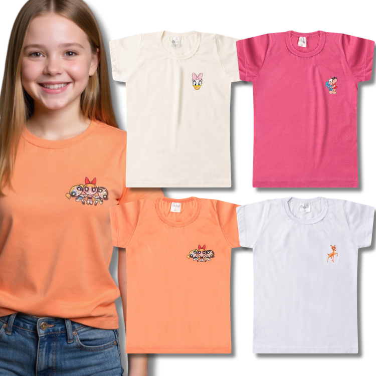 Kit Sortido 4 Blusas Lisa com Estampa DTF Feminina/Menina Infantil e Juvenil - Camiseta Escolar