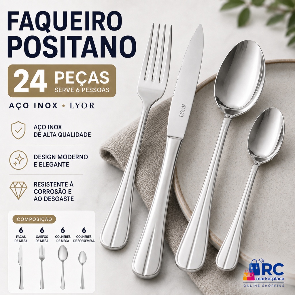 Faqueiro Jogo de Talheres 24 Peças Aço Inox Positano Lyor 6 Pessoas