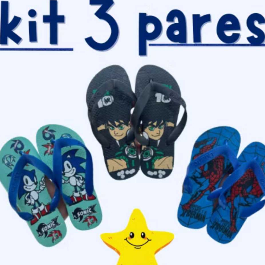 Kit 3 Pares Sortidos de Chinelo infantil Menino Crianca Masculino Os Melhores Super Heróis do Mercado