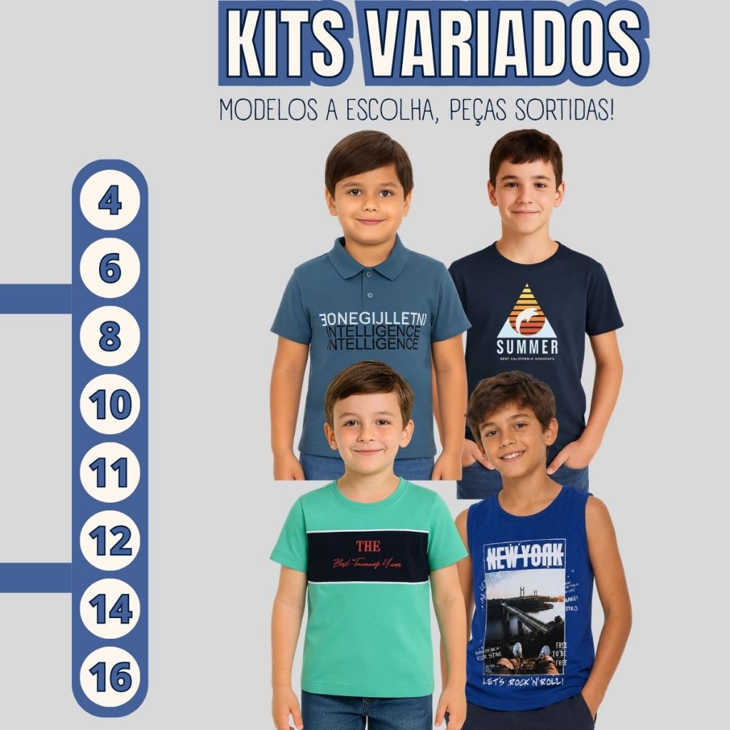 Kit 3 Modelos Regata Camiseta Lisa Ou Recorte Gola Polo Infantil E Juvenil Com Estampa 3410-K3-C1