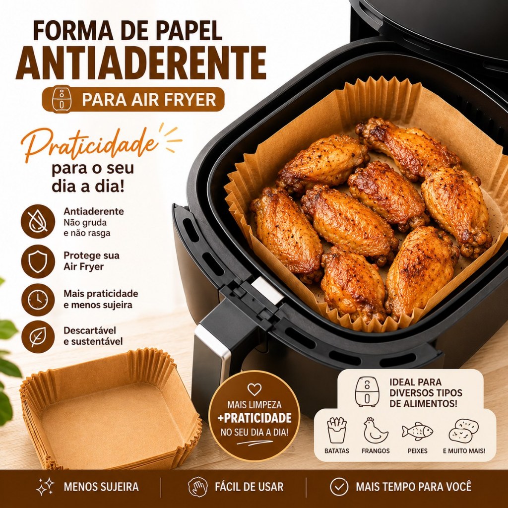 Forma para Air Fryer descartável antiaderente quadrada 50 unidades e mede 16x16x4,5 cm