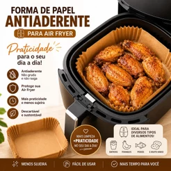 Forma para Air Fryer descartável antiaderente quadrada 50 unidades e mede 16x16x4,5 cm
