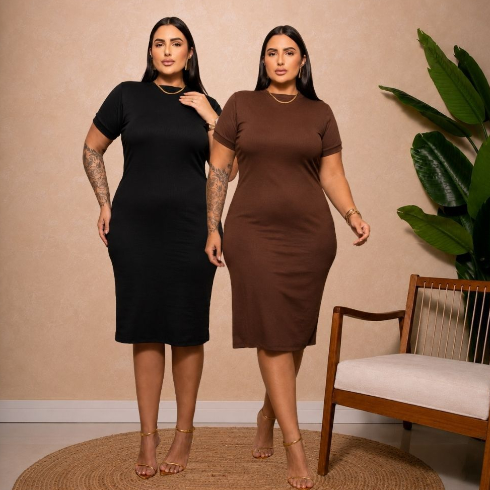 Vestido Plus Size Canelado Midi Feminino com Elastano ideal para Meia EStaçã Verão Gola Alta