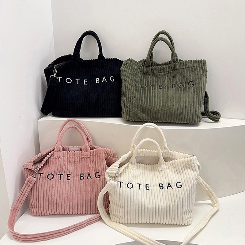 Bolsa Feminina de Veludo Cotelê Grande Capacidade Tote Bag de Ombro Transversal Casual com Letras para Dia a Dia