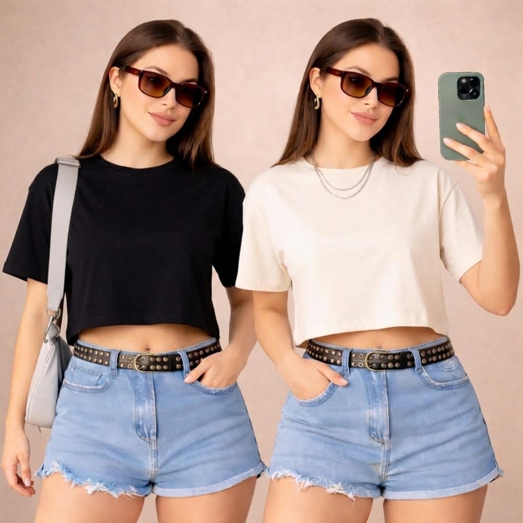 Kit 2 Croppeds Feminino Blusa Top Academia Camiseta Algodão Canelado Curta Baby Tee Crop Streetwear Casual Básico Moda