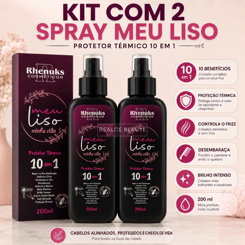 Kit com 2 Spray Protetor Térmico 10 em 1 Capilar Meu liso Minha Vida 200ml Rhenuks