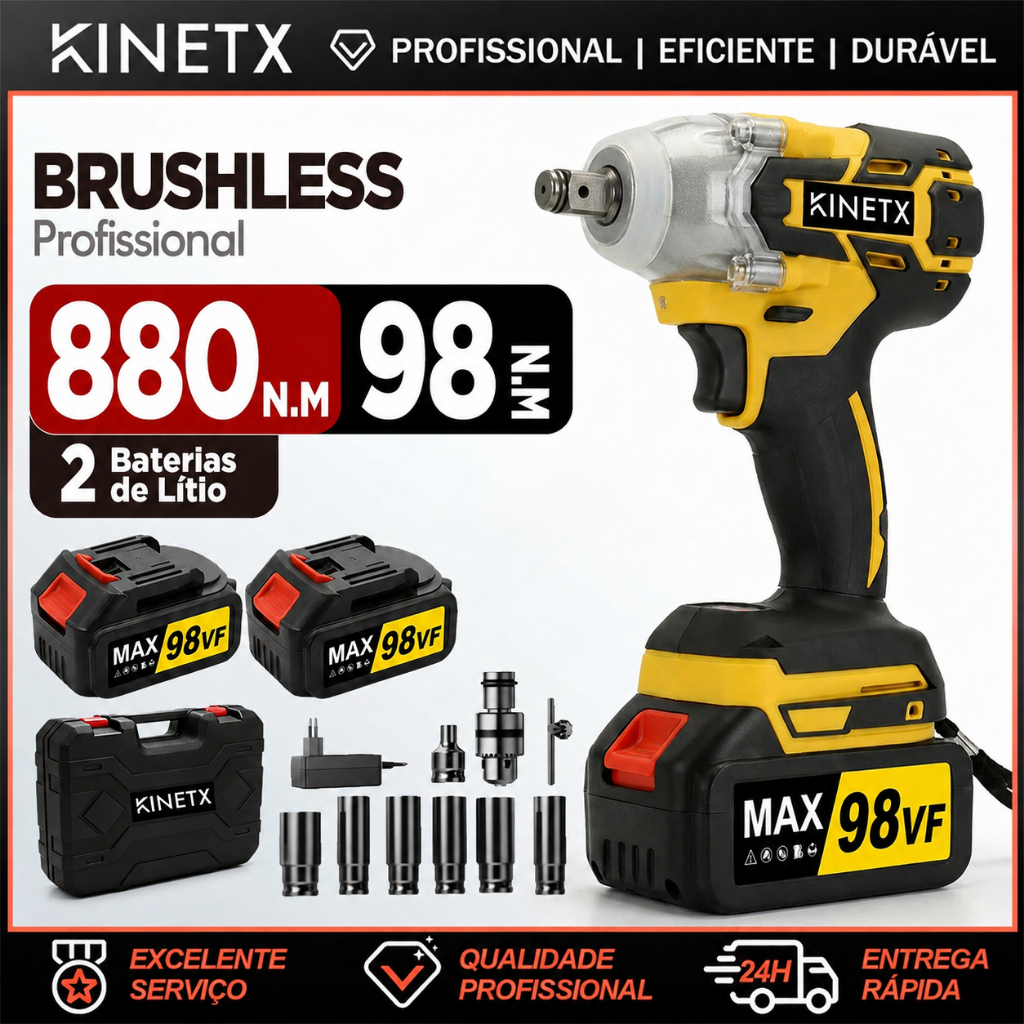 Kit Chave de Impacto Brushless 880Nm Profissional Parafusadeira e Furadeira Sem Fio 3 em 1 com 2 Baterias