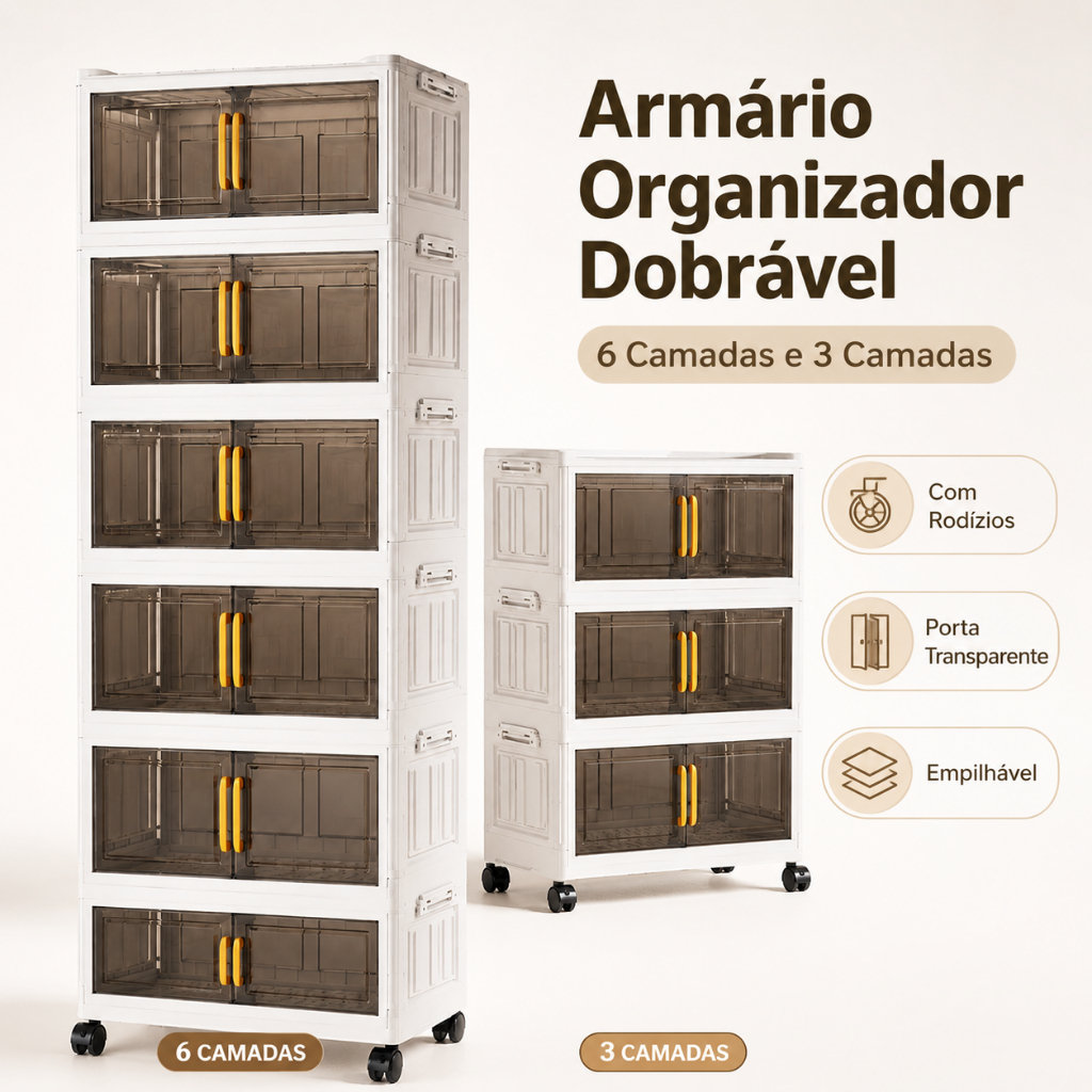 Armário Organizador Dobrável Caixa Organizadora Multiuso de Plástico Empilhável com Rodízios para Roupas Brinquedos
