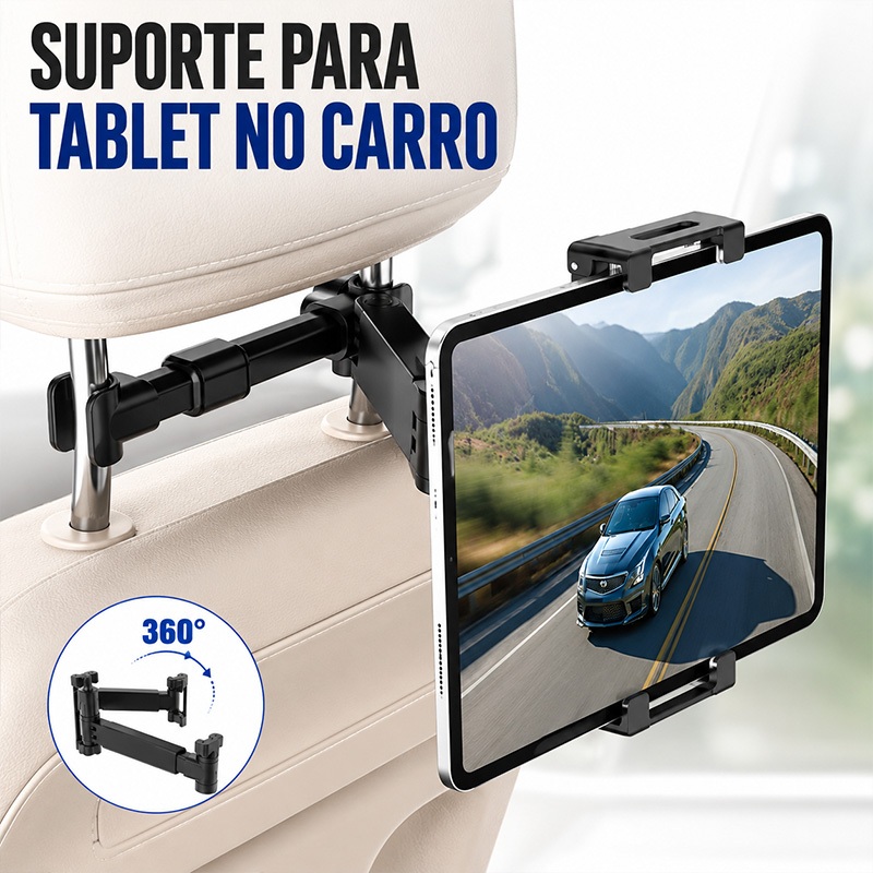 Suporte Veicular para Encosto de Banco Traseiro 360 Graus Giratório Ajustável Celular Extensível