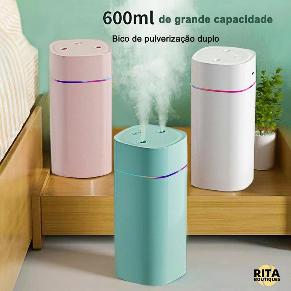 Umidificador De Ar Ultrassônico Bico Duplo ​Aromatizador De Ambiente 600ml Portátil Led Usb