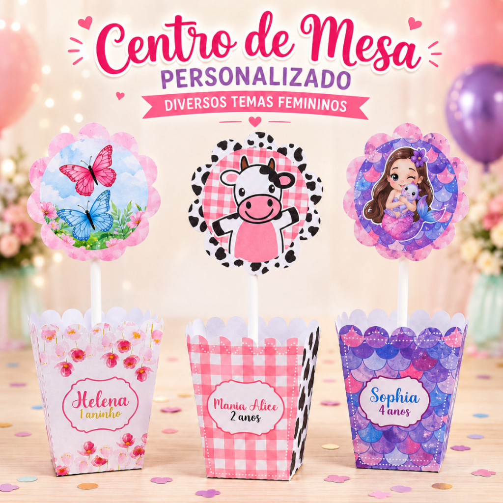 Kit 5/10/15/20 Centro de Mesa Personalizado Festa Infantil Menina Aniversário Lembrancinha Decoração Diversos Temas Kids