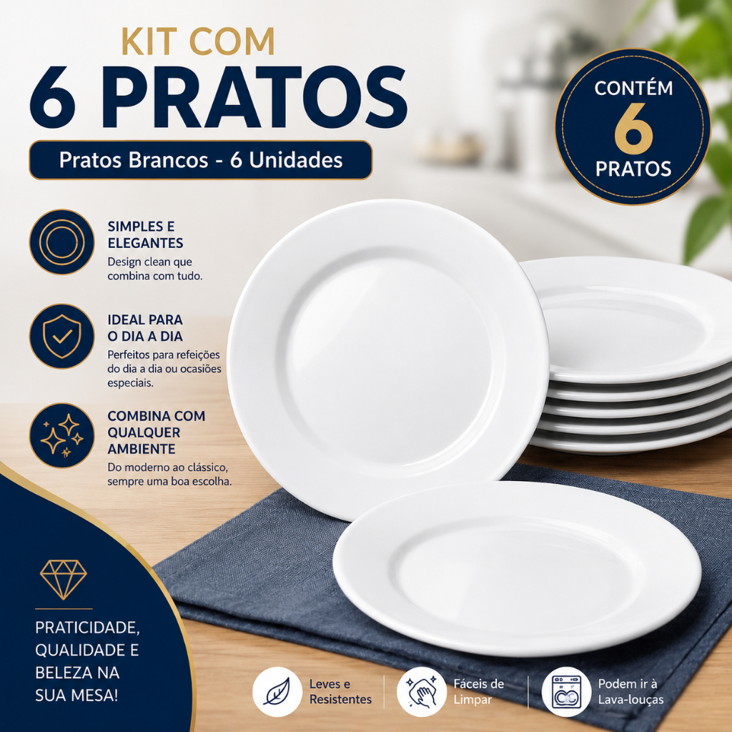 Conjunto 6 Pratos Rasos Grandes Redondos 25cm Opaline Restaurante Buffet Hotel Mesa Posta Branco