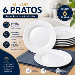 Conjunto 6 Pratos Rasos Grandes Redondos 25cm Opaline Restaurante Buffet Hotel Mesa Posta Branco